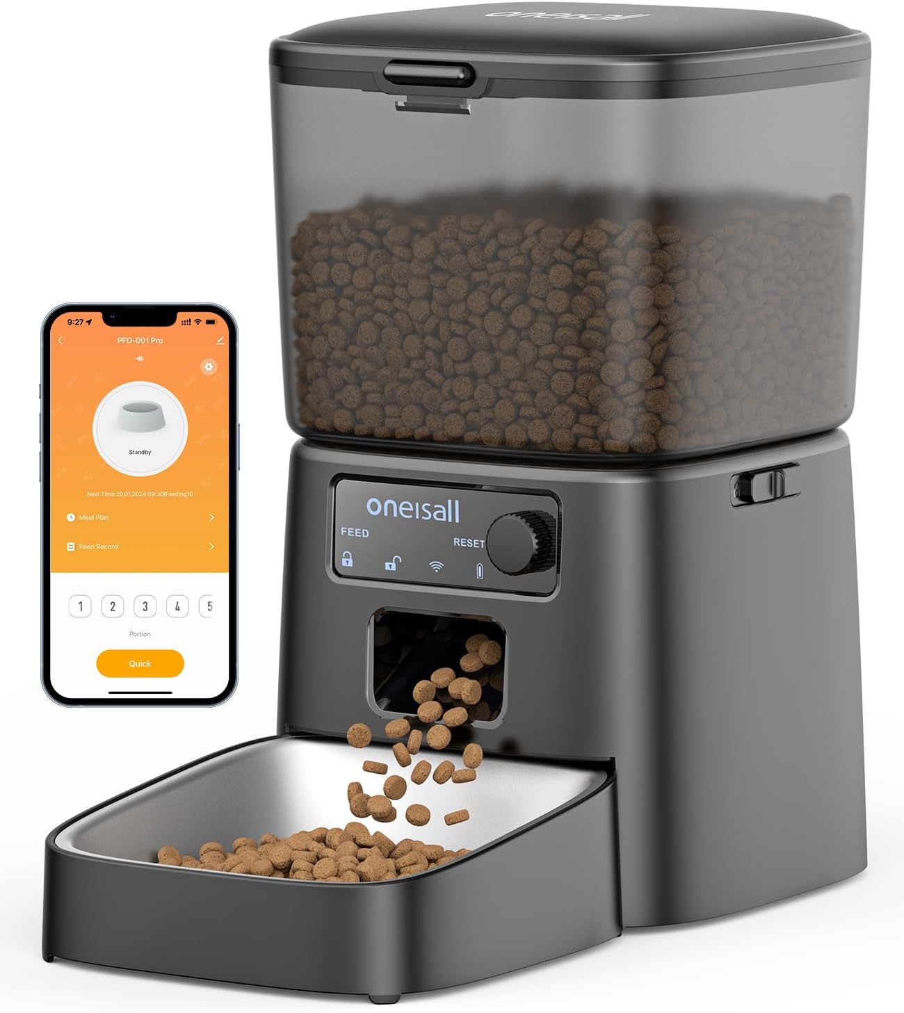 oneisall 3.5L Automatic Cat Feeder with WiFi App Control, Smart Pet Food Dispenser with Timer, Stainless Steel Bowl, Portion Control for Cats & Small Dogs Indoor (Black)