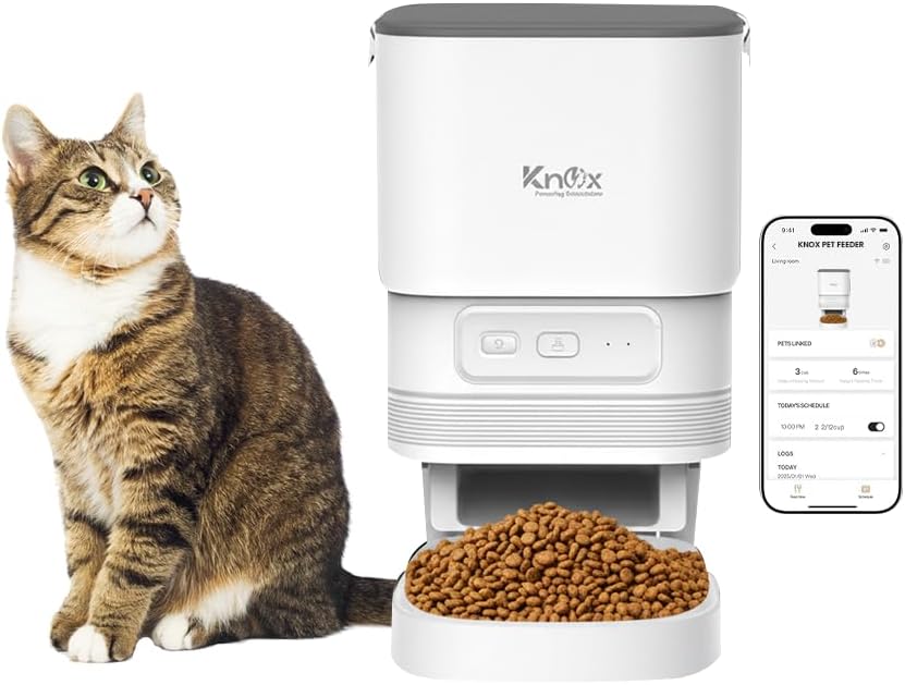 Knox 4L Automatic Pet Feeder for Cats & Dogs with WiFi Smart Control,Programmable Timer Alarm,Portion Control,Built-in Desiccant Box, Dual Power Supply Dry Food Dispenser with App Connectivity (White)