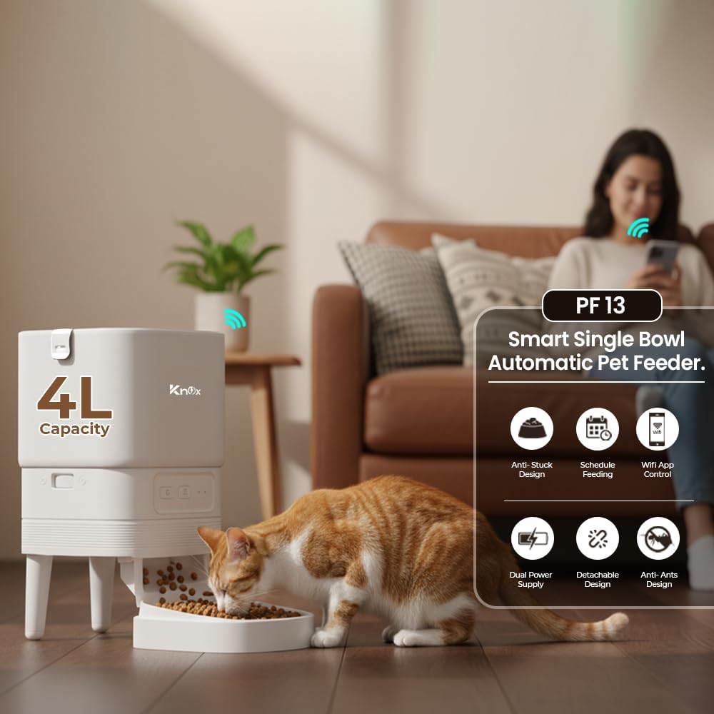 Knox 4L Automatic Pet Feeder for Cats & Dogs with WiFi Smart Control,Programmable Timer Alarm,Portion Control,Built-in Desiccant Box, Dual Power Supply Dry Food Dispenser with App Connectivity (White) - Image 2