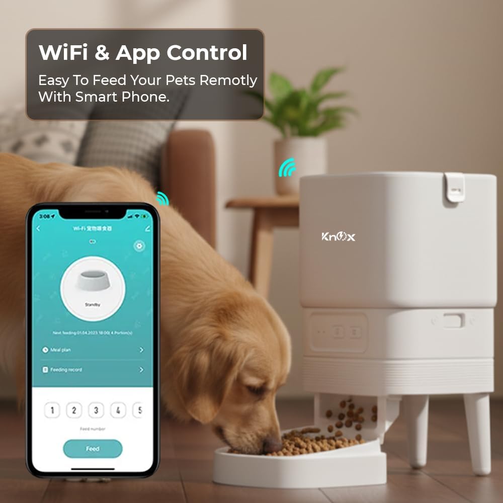 Knox 4L Automatic Pet Feeder for Cats & Dogs with WiFi Smart Control,Programmable Timer Alarm,Portion Control,Built-in Desiccant Box, Dual Power Supply Dry Food Dispenser with App Connectivity (White) - Image 3