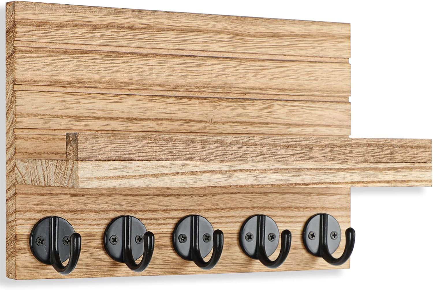 Lwenki Key Holder for Wall, Decorative Key and Mail Holder with Shelf Has Large Key Hooks for Bags, Coats – Paulownia Wood Key Hanger with Mounting Hardware (9.8”W x 6.7”H x 4.2”D) (Burnt wood) - Image 2
