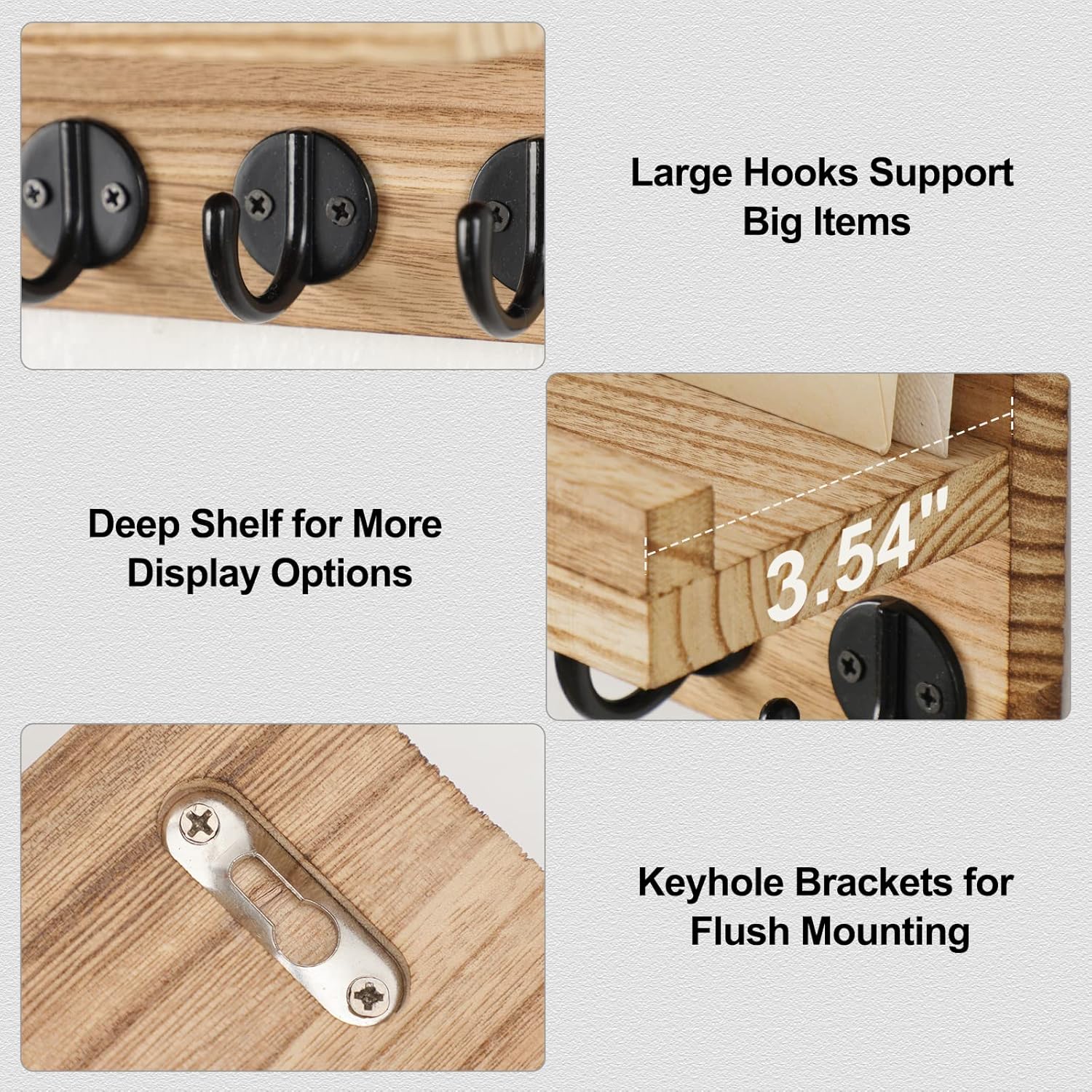 Lwenki Key Holder for Wall, Decorative Key and Mail Holder with Shelf Has Large Key Hooks for Bags, Coats – Paulownia Wood Key Hanger with Mounting Hardware (9.8”W x 6.7”H x 4.2”D) (Burnt wood) - Image 3