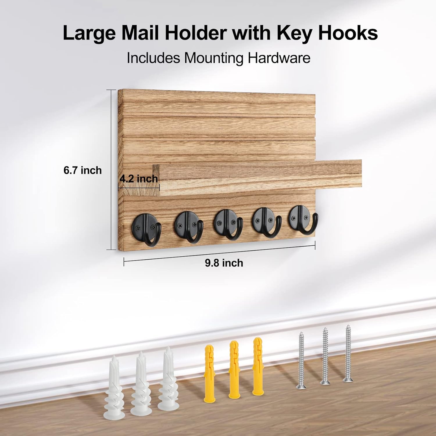 Lwenki Key Holder for Wall, Decorative Key and Mail Holder with Shelf Has Large Key Hooks for Bags, Coats – Paulownia Wood Key Hanger with Mounting Hardware (9.8”W x 6.7”H x 4.2”D) (Burnt wood) - Image 7