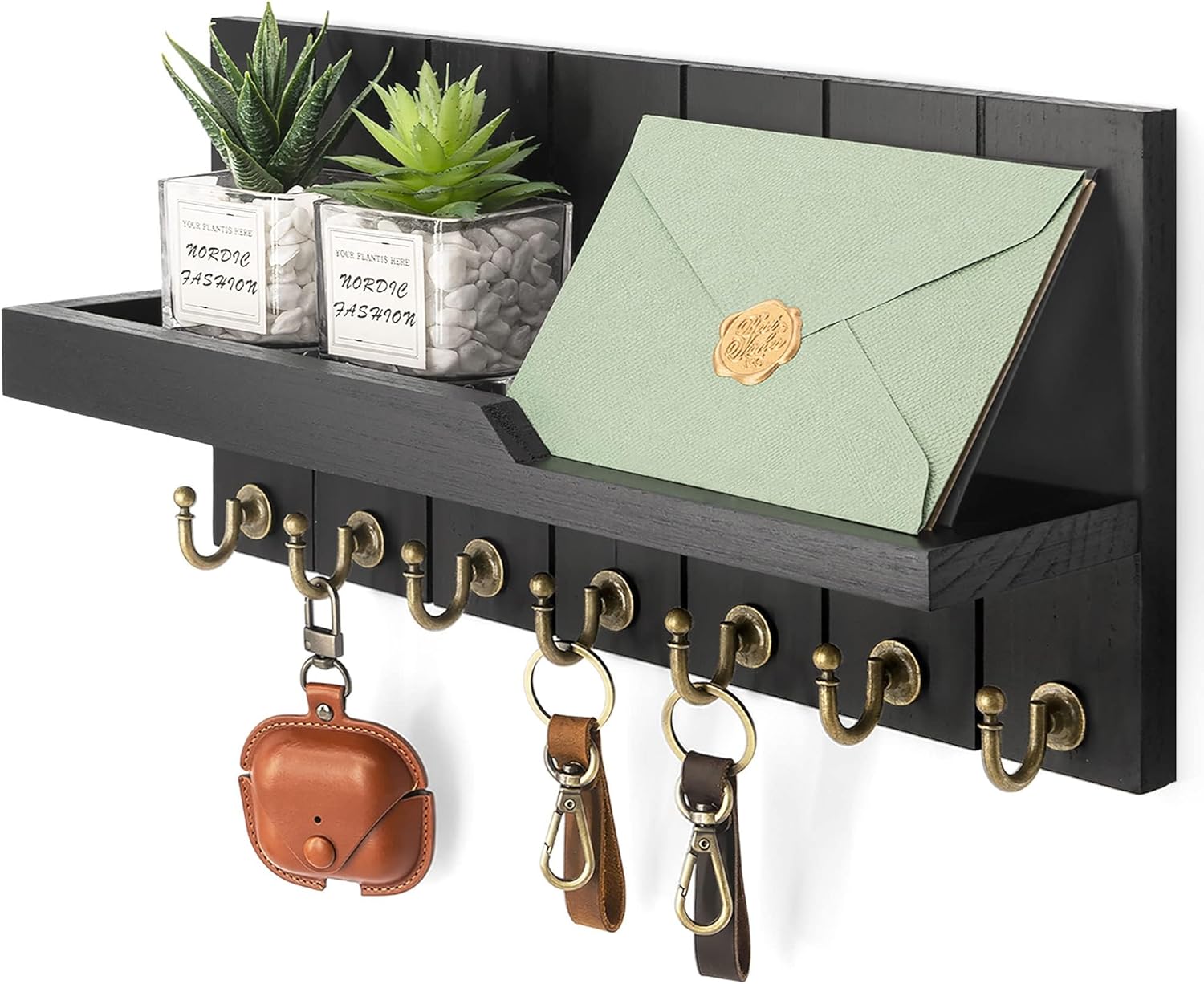 Rustic Farmhouse Wall Mounted Key Holder, Mail Organizer with 7 Durable Hooks, 15-Inch Floating Shelf for Entryway Wall Decor, Space-Saving Home Storage (Black)
