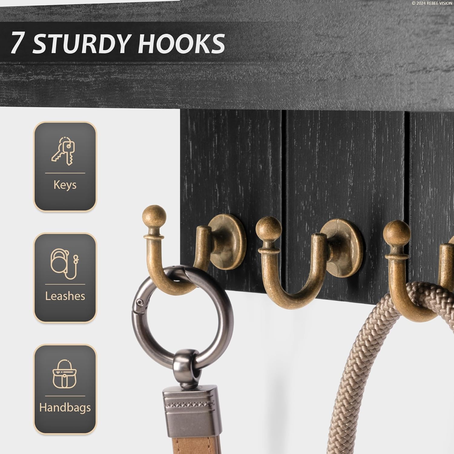 Rustic Farmhouse Wall Mounted Key Holder, Mail Organizer with 7 Durable Hooks, 15-Inch Floating Shelf for Entryway Wall Decor, Space-Saving Home Storage (Black) - Image 3