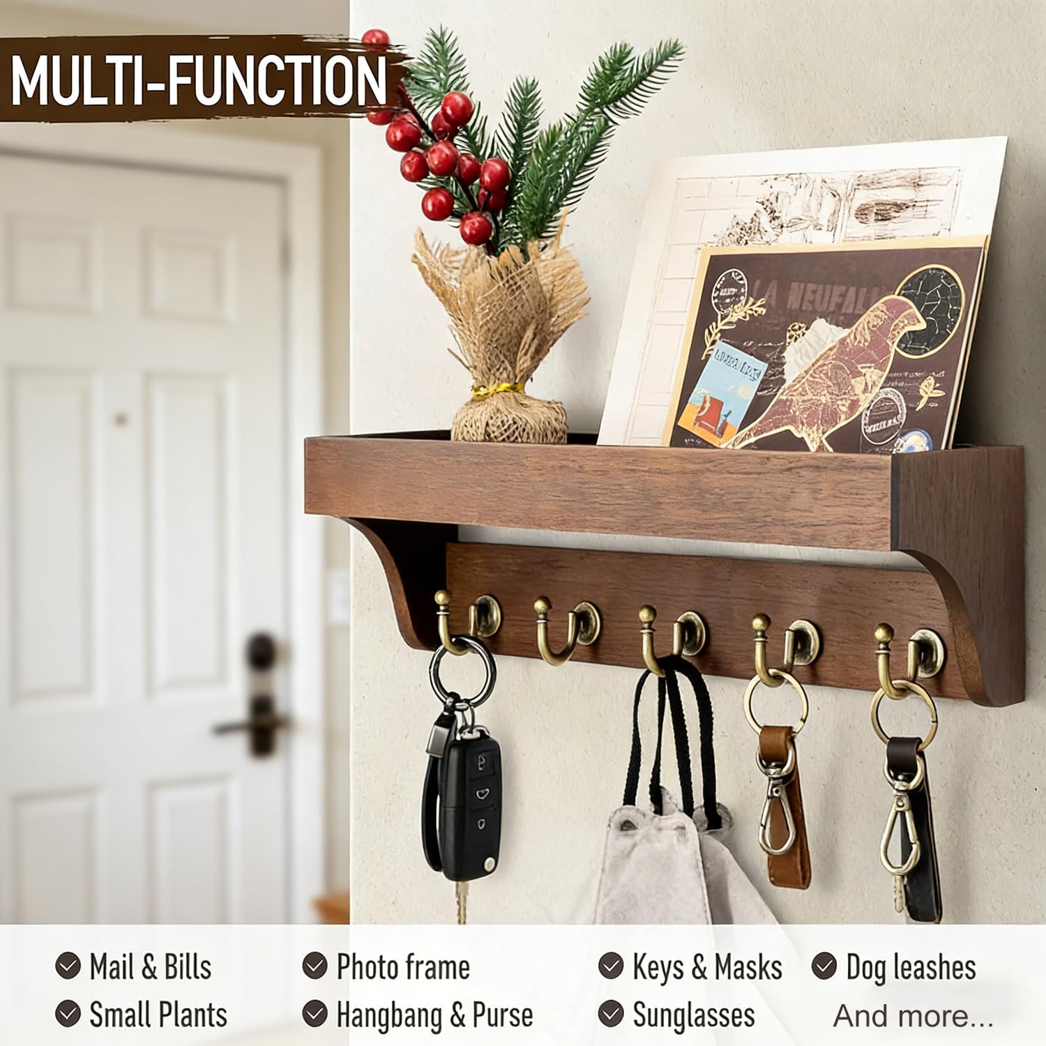 Farmhouse Key Holder for Wall - Decorative Wooden Mail Organizer with 5 Rustic Key Hooks and Floating Shelf for Home Decor, Hallway, Entryway, Appartment (Retro Brown) - Image 2