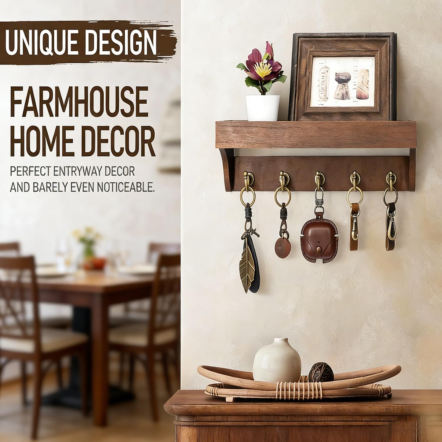 Farmhouse Key Holder for Wall - Decorative Wooden Mail Organizer with 5 Rustic Key Hooks and Floating Shelf for Home Decor, Hallway, Entryway, Appartment (Retro Brown) - Image 4