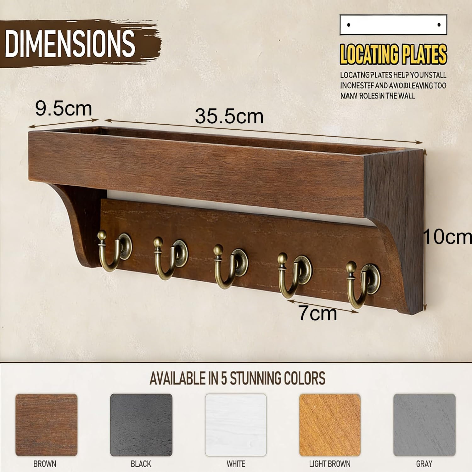 Farmhouse Key Holder for Wall - Decorative Wooden Mail Organizer with 5 Rustic Key Hooks and Floating Shelf for Home Decor, Hallway, Entryway, Appartment (Retro Brown) - Image 6
