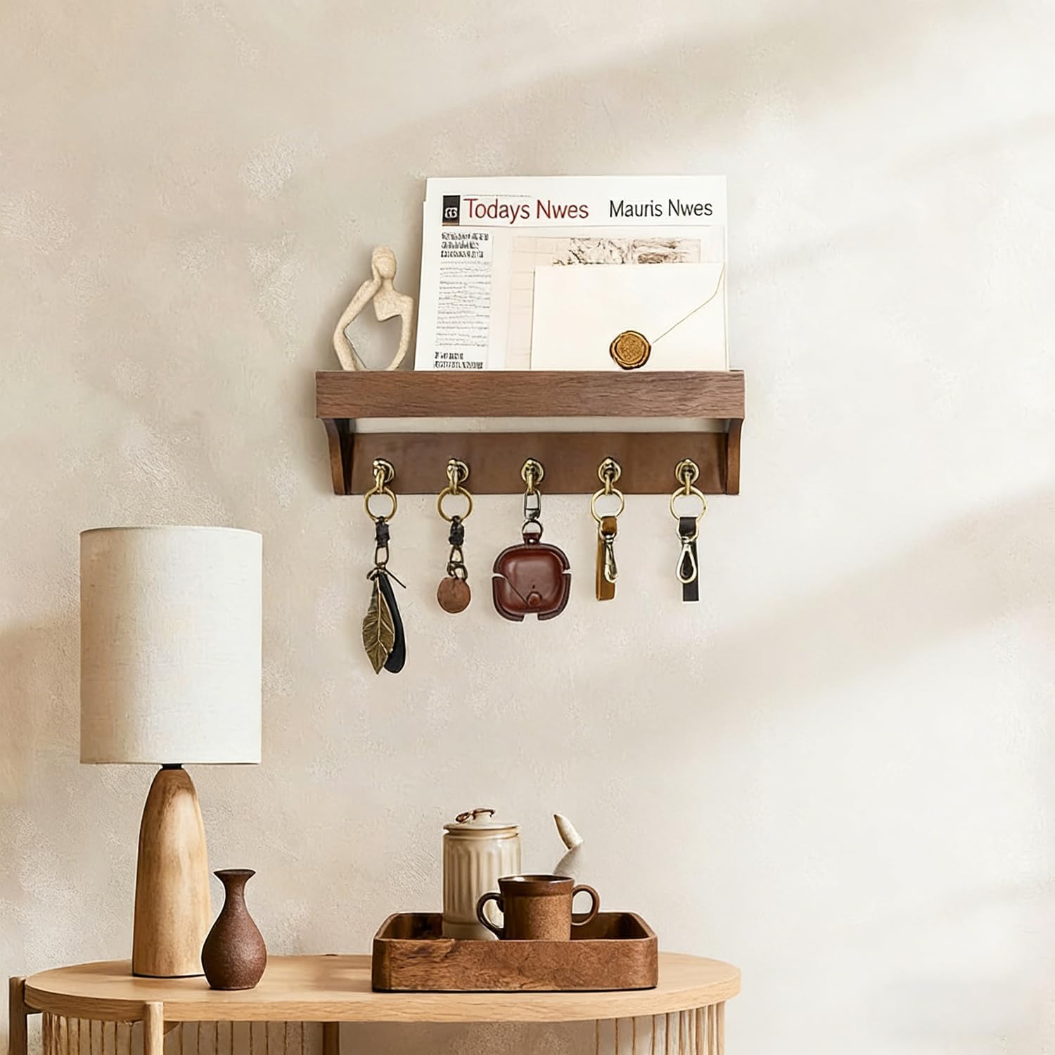 Farmhouse Key Holder for Wall - Decorative Wooden Mail Organizer with 5 Rustic Key Hooks and Floating Shelf for Home Decor, Hallway, Entryway, Appartment (Retro Brown) - Image 7