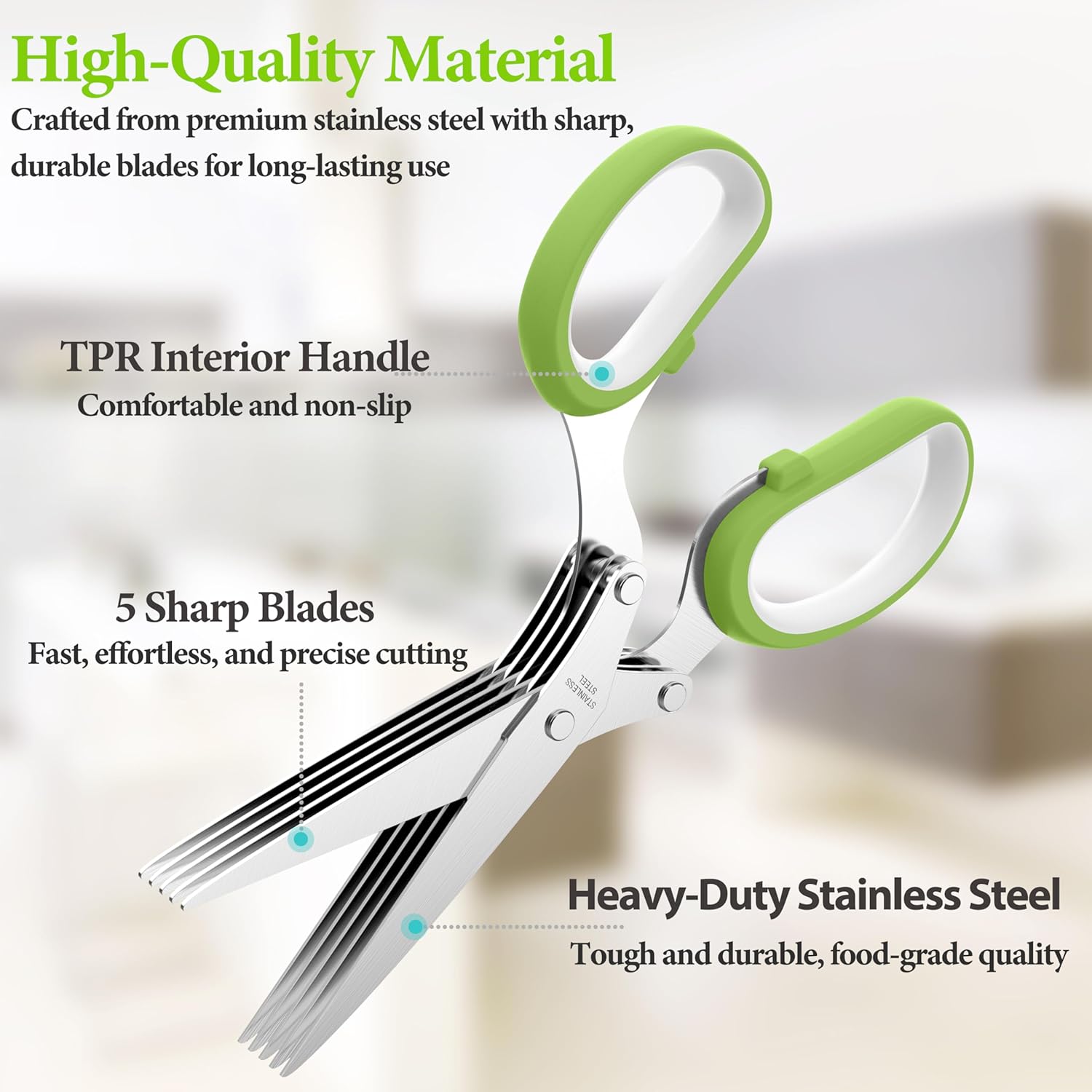 Herb Scissors Set with 5 Multi Stainless Steel Blades, Safe Cover and Cleaning Comb, Multipurpose Kitchen Chopping Shear, Mincer, Sharp Dishwasher Safe Kitchen Gadget, Culinary Cutter Chopper - Image 2
