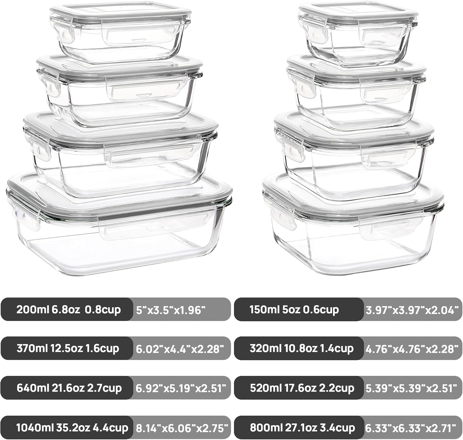 Vtopmart 8 Pack Glass Meal Prep Containers with Leak Proof Locking Lids, Airtight Food Storage Containers for Microwave, Oven, Freezer and Dishwasher, BPA Free, Grey - Image 2