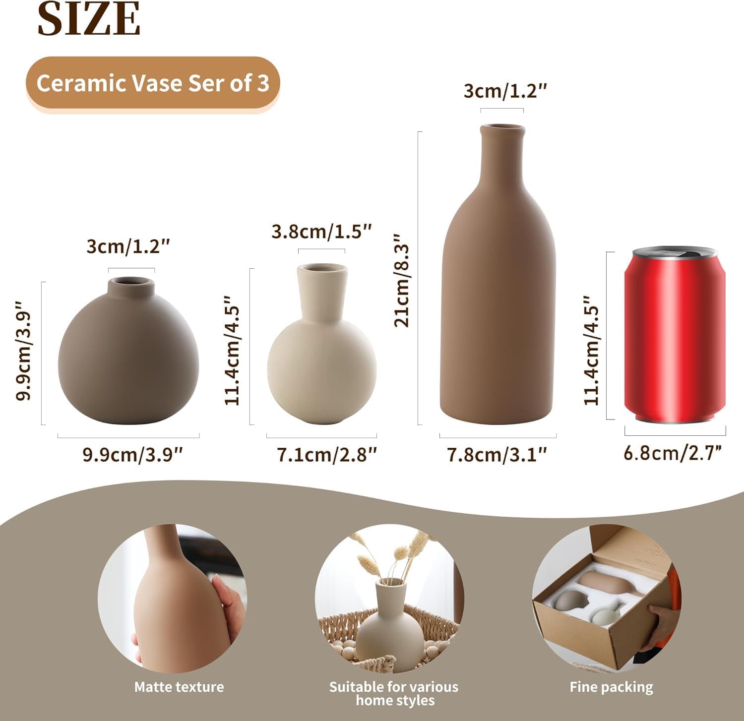 Ceramic Vase Set of 3, Vases Home Decor Rustic Farmhouse Decorative Vase Pottery Vases for Bouquet Pampas Grass Dried Fresh Flowers, Table Living Room Kitchen Bedroom Bathroom - Brown - Image 2