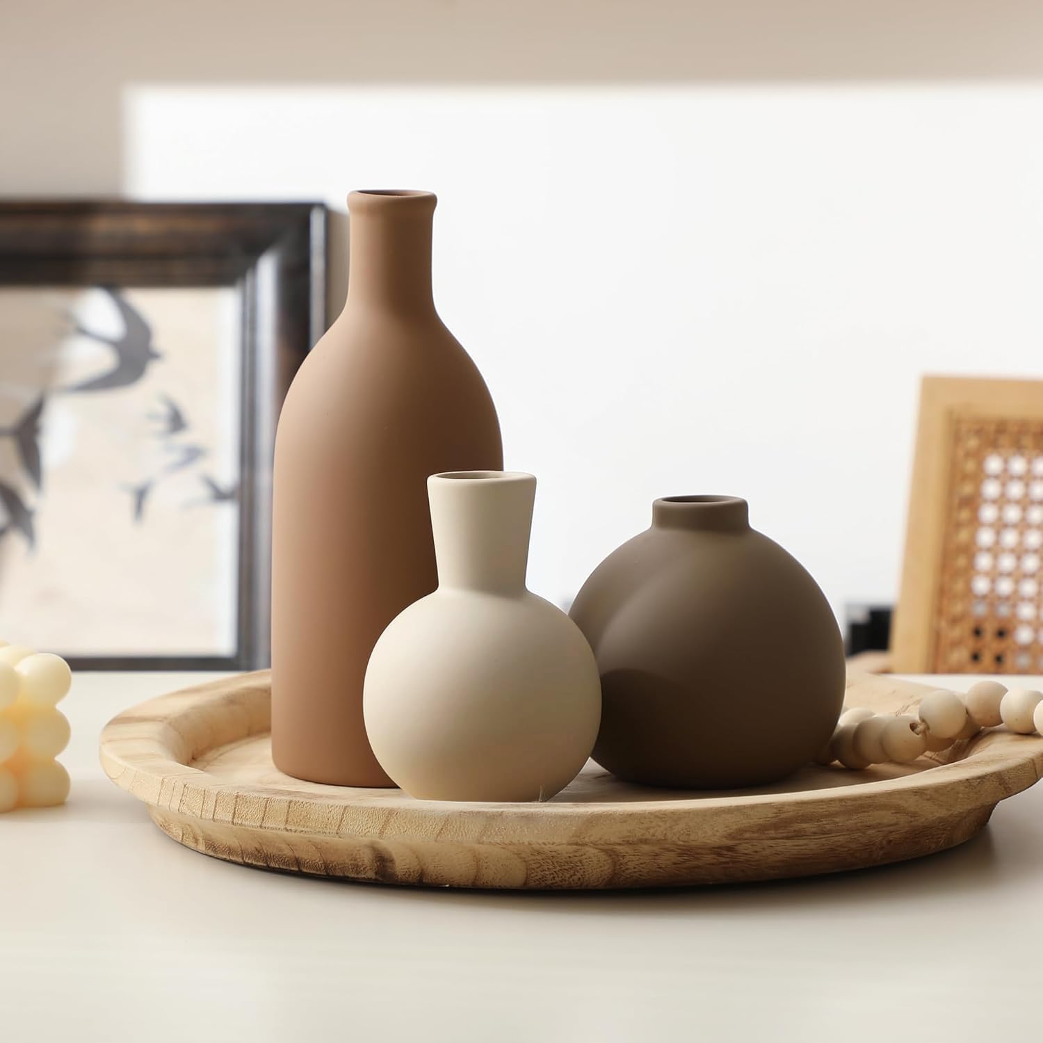 Ceramic Vase Set of 3, Vases Home Decor Rustic Farmhouse Decorative Vase Pottery Vases for Bouquet Pampas Grass Dried Fresh Flowers, Table Living Room Kitchen Bedroom Bathroom - Brown - Image 4
