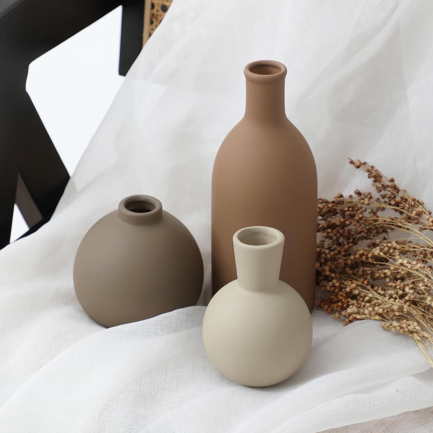 Ceramic Vase Set of 3, Vases Home Decor Rustic Farmhouse Decorative Vase Pottery Vases for Bouquet Pampas Grass Dried Fresh Flowers, Table Living Room Kitchen Bedroom Bathroom - Brown - Image 5