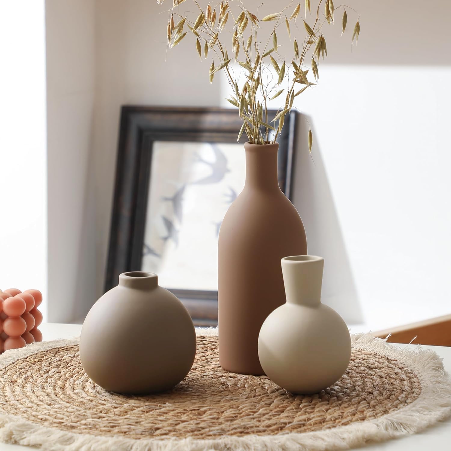 Ceramic Vase Set of 3, Vases Home Decor Rustic Farmhouse Decorative Vase Pottery Vases for Bouquet Pampas Grass Dried Fresh Flowers, Table Living Room Kitchen Bedroom Bathroom - Brown - Image 6