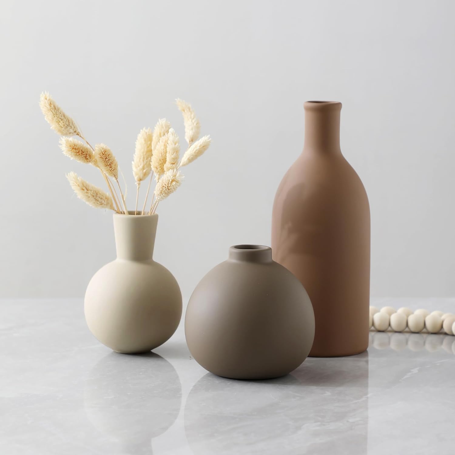 Ceramic Vase Set of 3, Vases Home Decor Rustic Farmhouse Decorative Vase Pottery Vases for Bouquet Pampas Grass Dried Fresh Flowers, Table Living Room Kitchen Bedroom Bathroom - Brown - Image 7