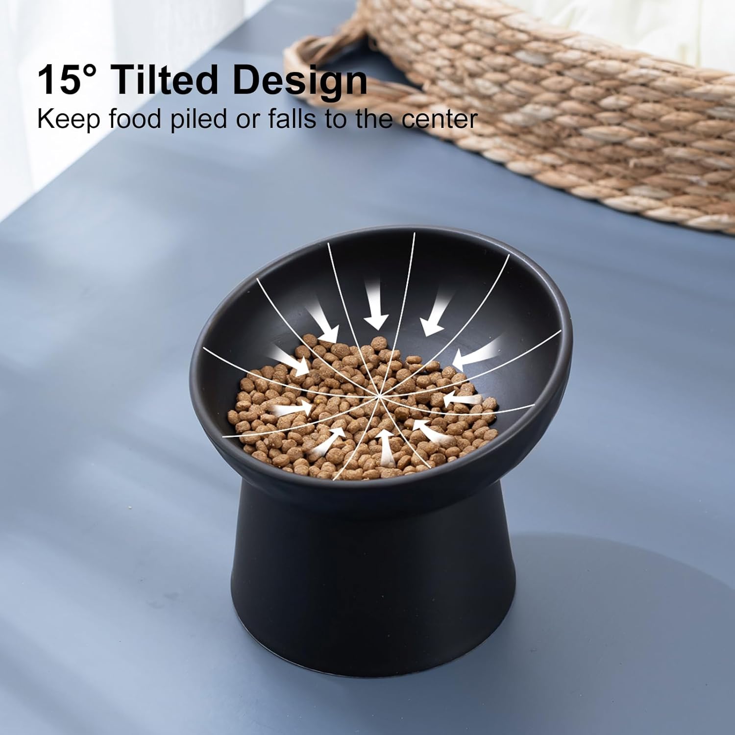 YauYik Raised Cat Bowl Black, Elevated Cat Food Bowls with Tilted Angle, Stress Free, Anti Vomiting, Ceramic Water Bowl for Cats Small Dogs Feeding Dish, 8 Ounces - Image 3
