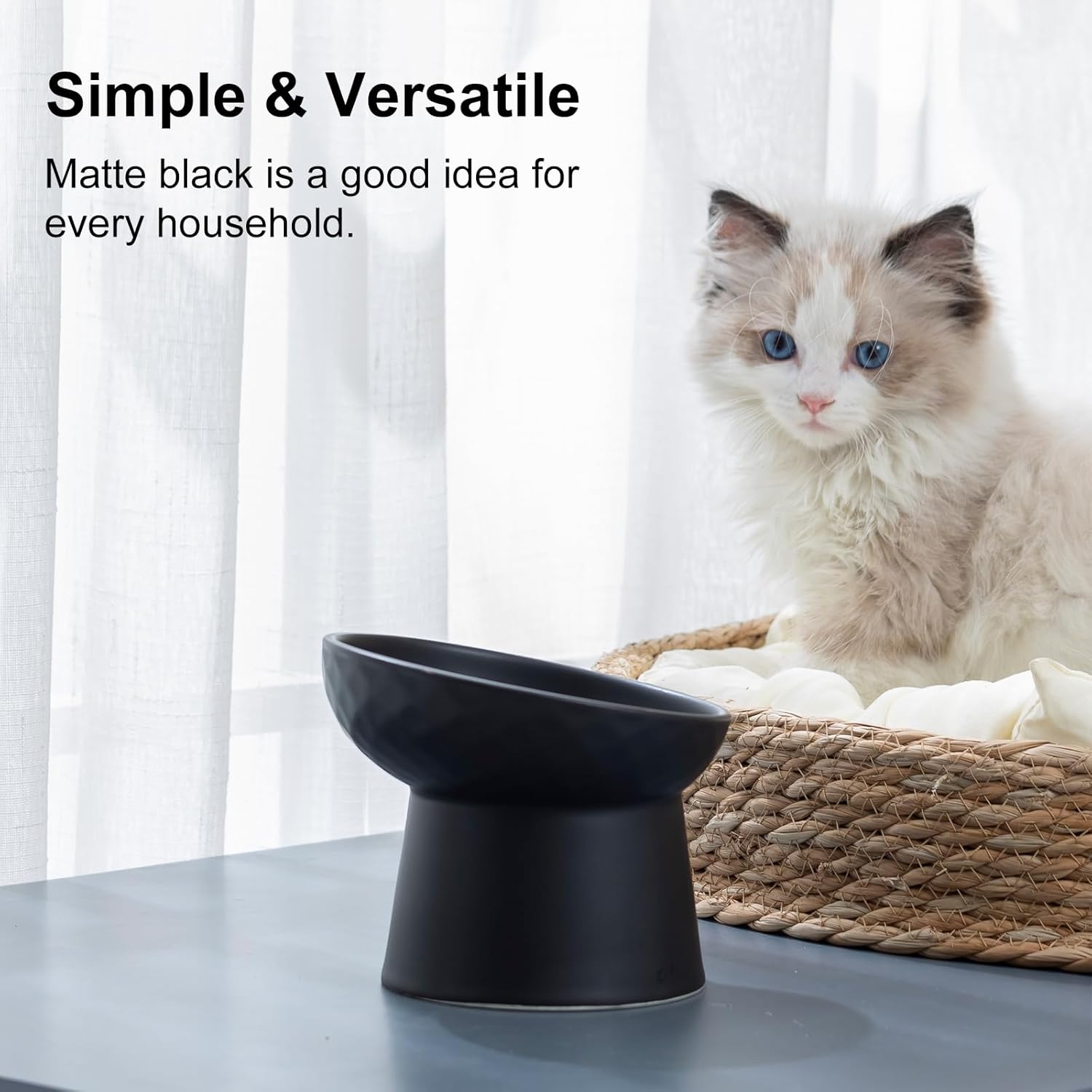 YauYik Raised Cat Bowl Black, Elevated Cat Food Bowls with Tilted Angle, Stress Free, Anti Vomiting, Ceramic Water Bowl for Cats Small Dogs Feeding Dish, 8 Ounces - Image 5