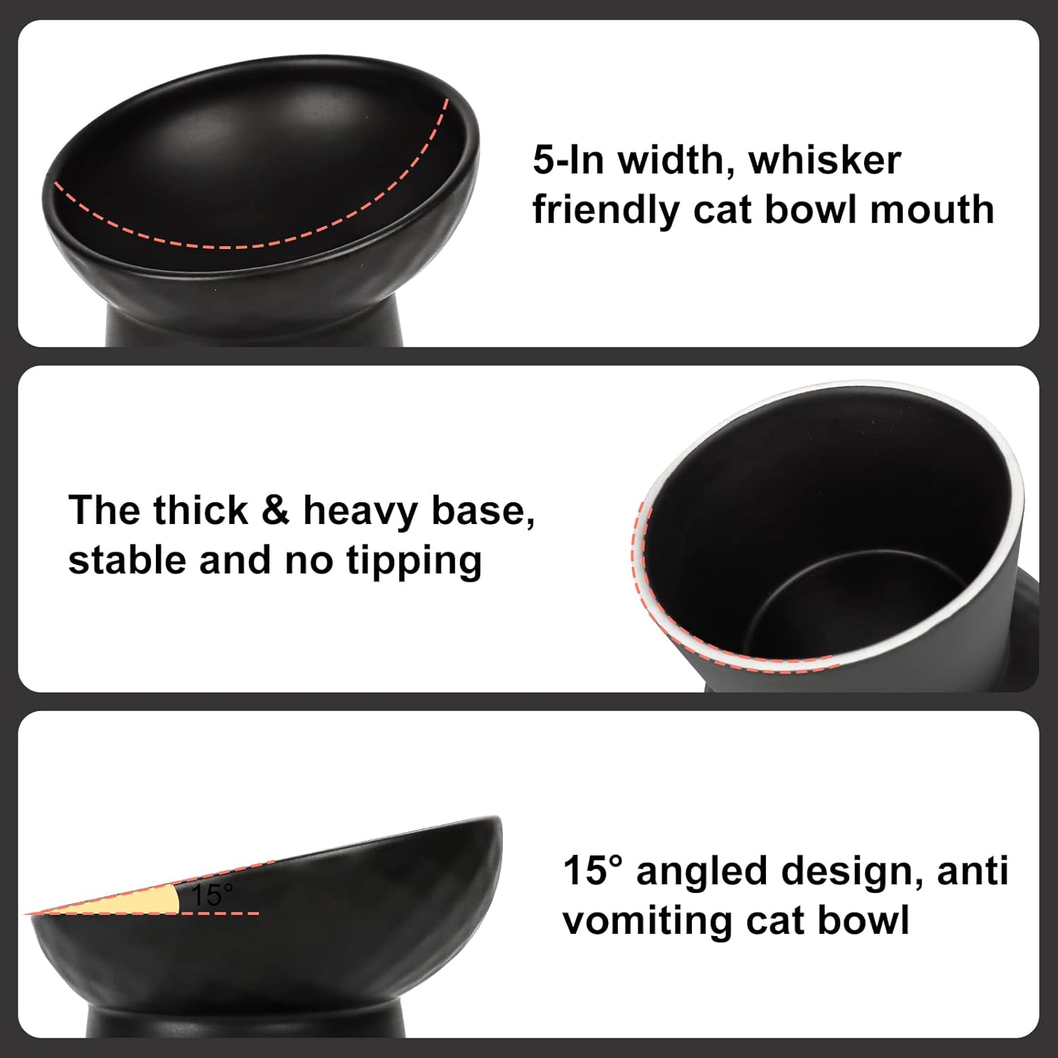 YauYik Raised Cat Bowl Black, Elevated Cat Food Bowls with Tilted Angle, Stress Free, Anti Vomiting, Ceramic Water Bowl for Cats Small Dogs Feeding Dish, 8 Ounces - Image 8