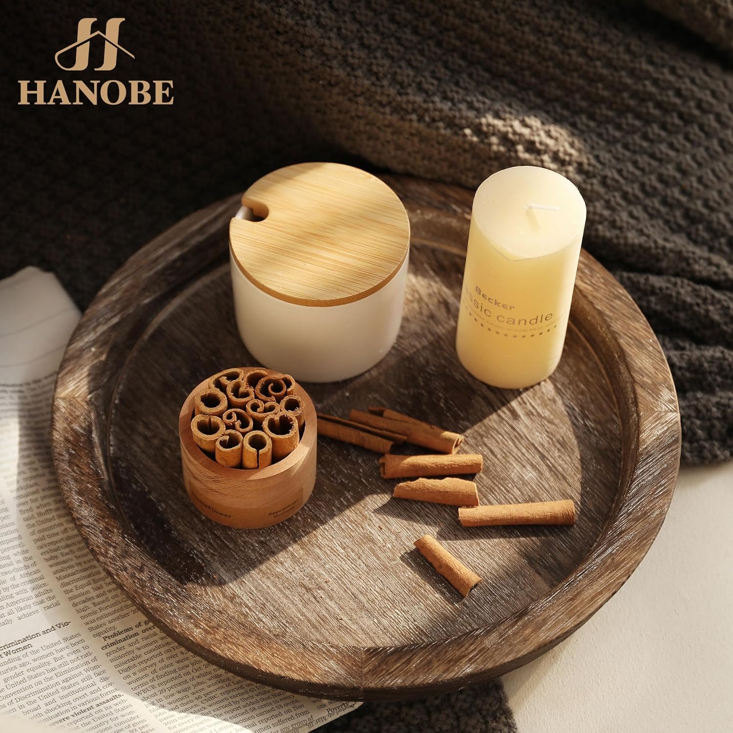Hanobe Candle Plate Holder Tray: Round Wooden Decorative Candle Plate Small Farmhouse Table Centerpiece Rustic Wood Tealight Pillar Trays for Christmas Wedding Halloween Home Decor - Image 2