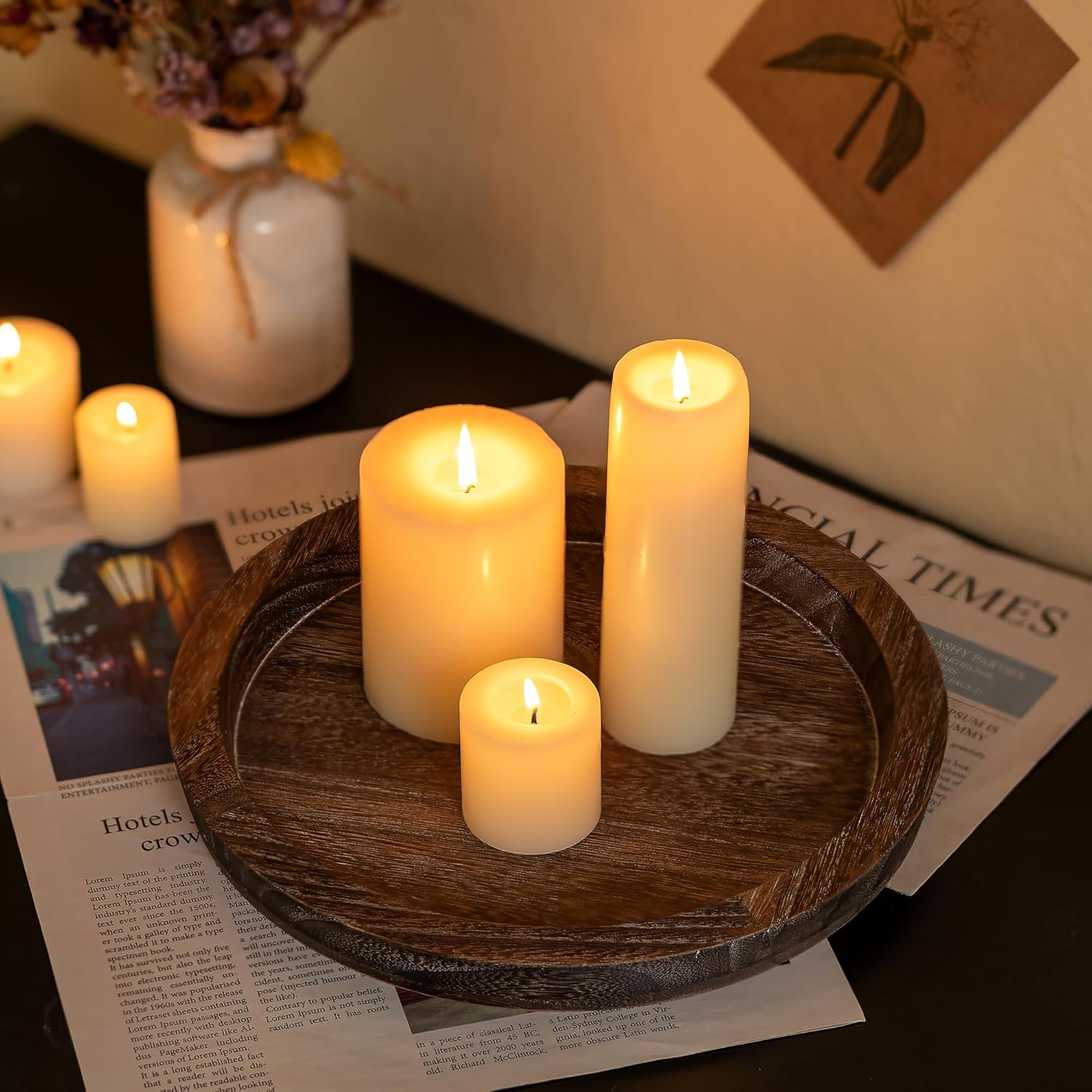 Hanobe Candle Plate Holder Tray: Round Wooden Decorative Candle Plate Small Farmhouse Table Centerpiece Rustic Wood Tealight Pillar Trays for Christmas Wedding Halloween Home Decor - Image 3