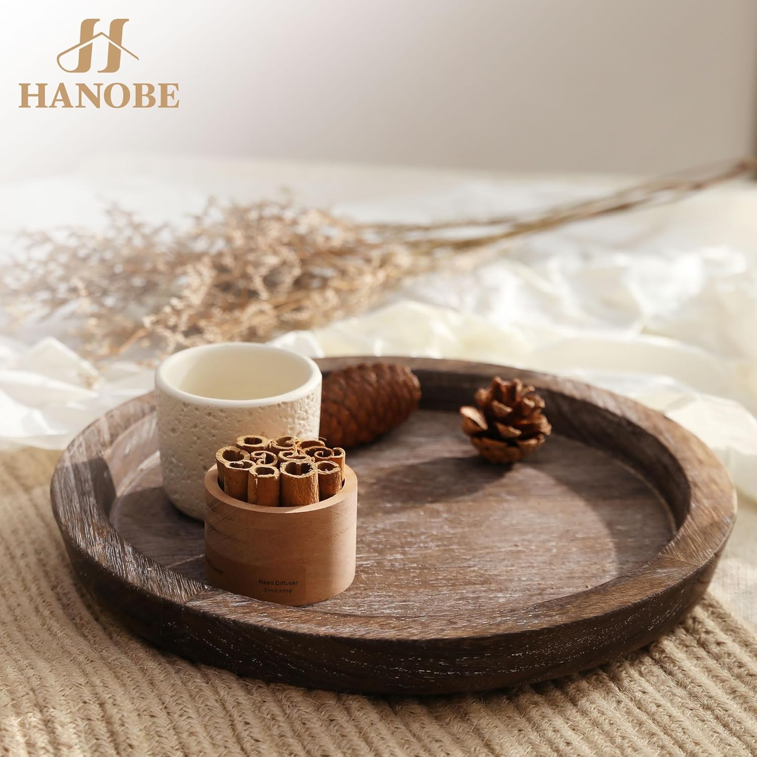 Hanobe Candle Plate Holder Tray: Round Wooden Decorative Candle Plate Small Farmhouse Table Centerpiece Rustic Wood Tealight Pillar Trays for Christmas Wedding Halloween Home Decor - Image 7