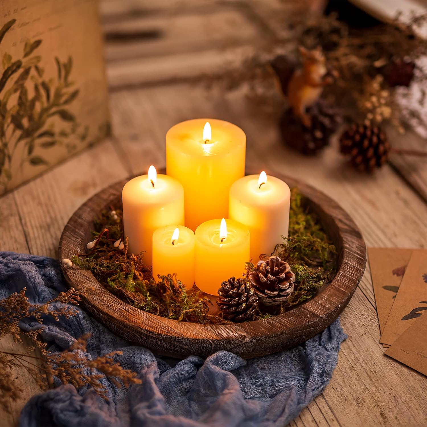 Hanobe Candle Plate Holder Tray: Round Wooden Decorative Candle Plate Small Farmhouse Table Centerpiece Rustic Wood Tealight Pillar Trays for Christmas Wedding Halloween Home Decor - Image 8