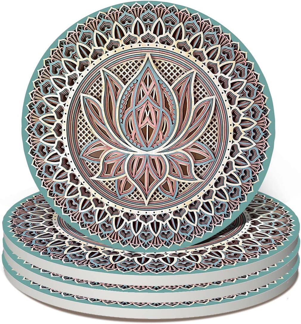4PCS Mandala Coasters for Drinks, Ceramic Coasters Set Absorbent Coasters Stone Coasters Marble Art Coasters Cork Base Coasters Home Decor Coasters Mandala Table Coasters for Home Decor