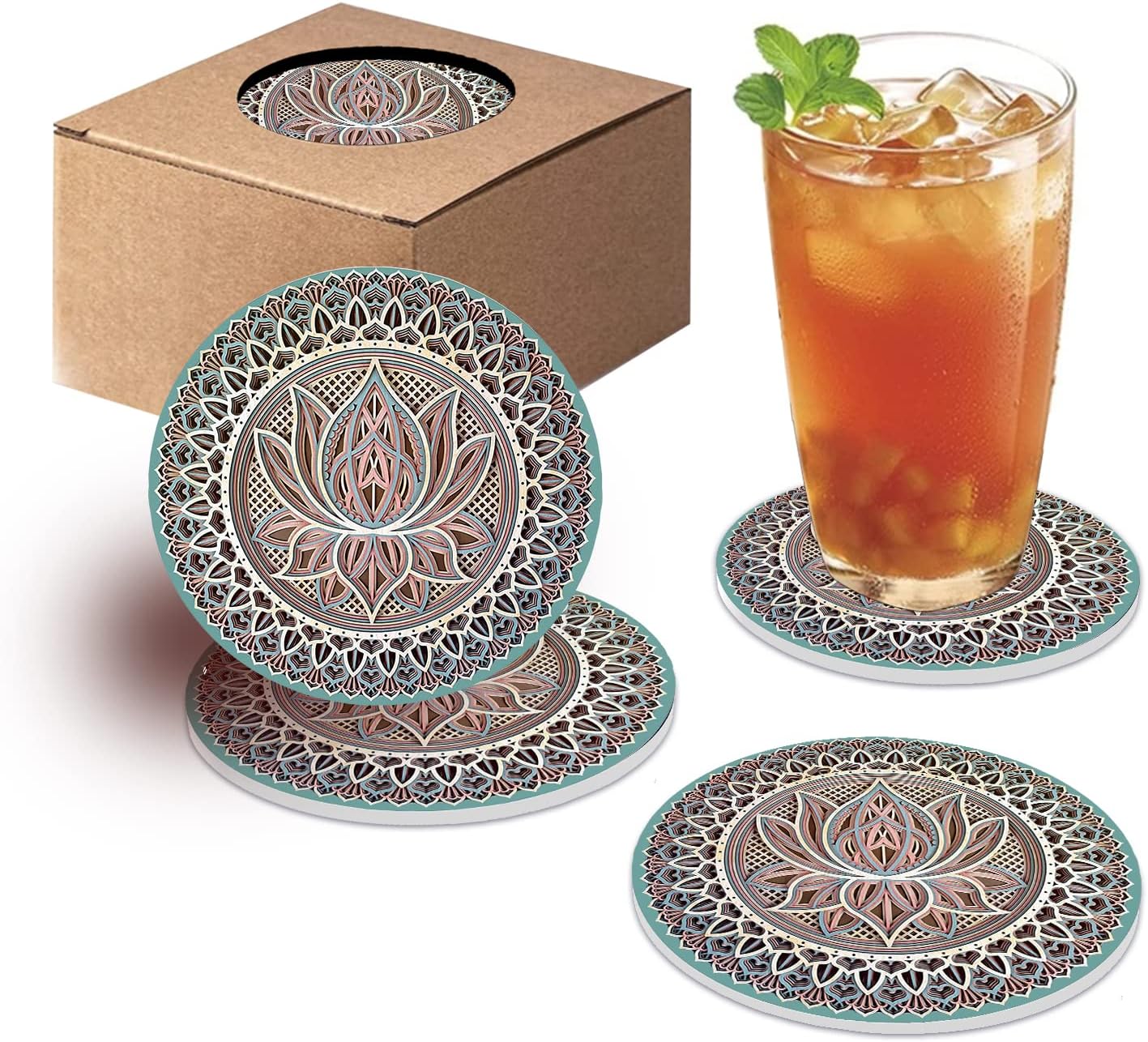 4PCS Mandala Coasters for Drinks, Ceramic Coasters Set Absorbent Coasters Stone Coasters Marble Art Coasters Cork Base Coasters Home Decor Coasters Mandala Table Coasters for Home Decor - Image 2