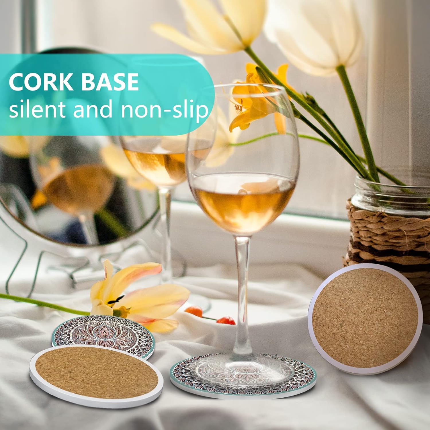 4PCS Mandala Coasters for Drinks, Ceramic Coasters Set Absorbent Coasters Stone Coasters Marble Art Coasters Cork Base Coasters Home Decor Coasters Mandala Table Coasters for Home Decor - Image 3