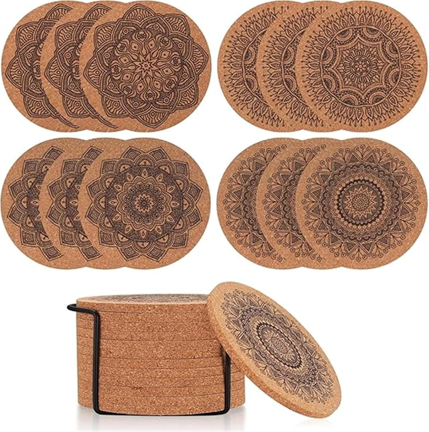 Drink Coasters, Coasters for Cups, Set of 12 with Unique Mandala Patterns Coasters, Cork Coasters, Reusable Cup Mats, for Coffee, Kitchen, home, office, Metal Holder, 10cm Diameter, 5mm Thick