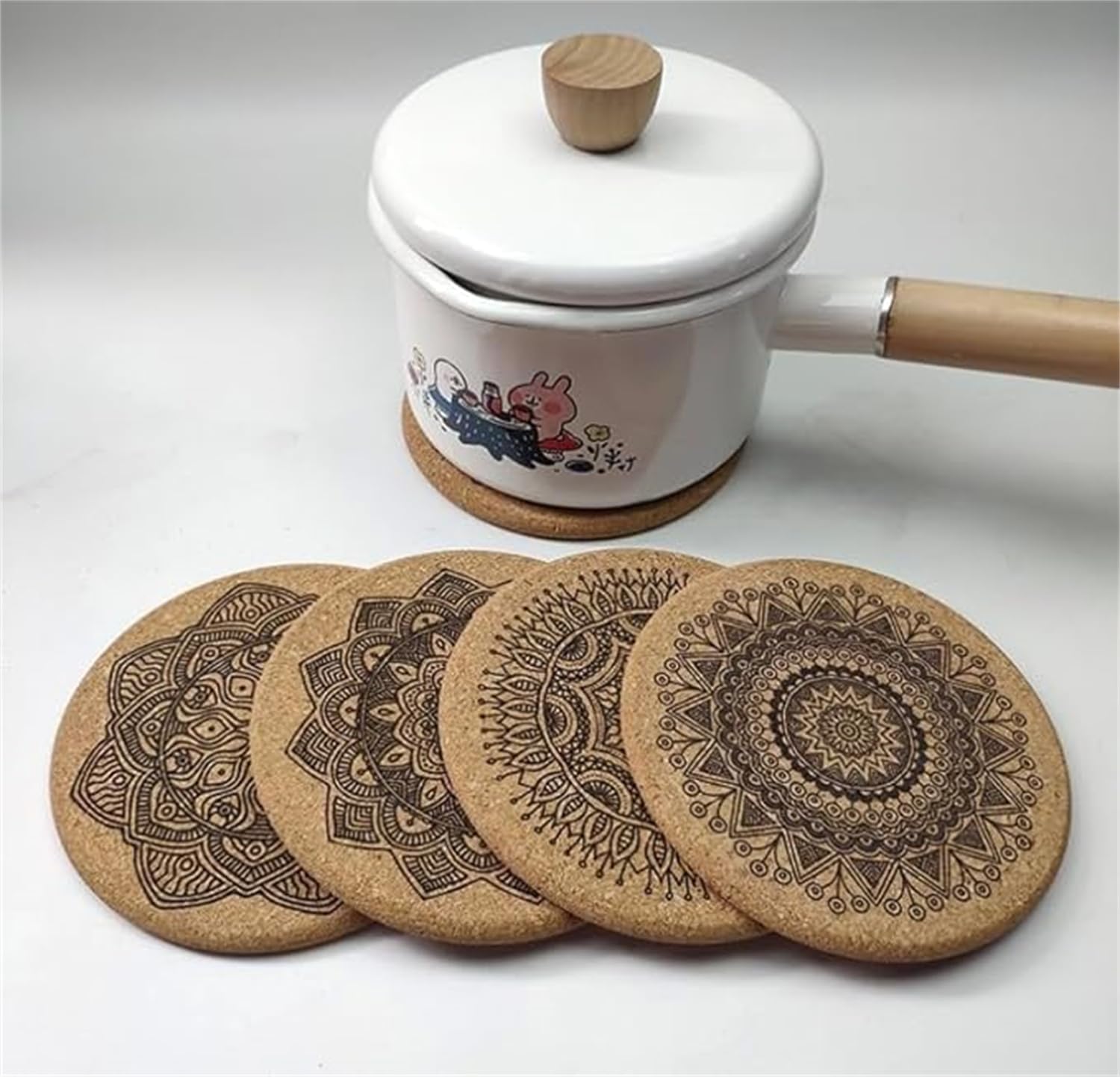 Drink Coasters, Coasters for Cups, Set of 12 with Unique Mandala Patterns Coasters, Cork Coasters, Reusable Cup Mats, for Coffee, Kitchen, home, office, Metal Holder, 10cm Diameter, 5mm Thick - Image 2