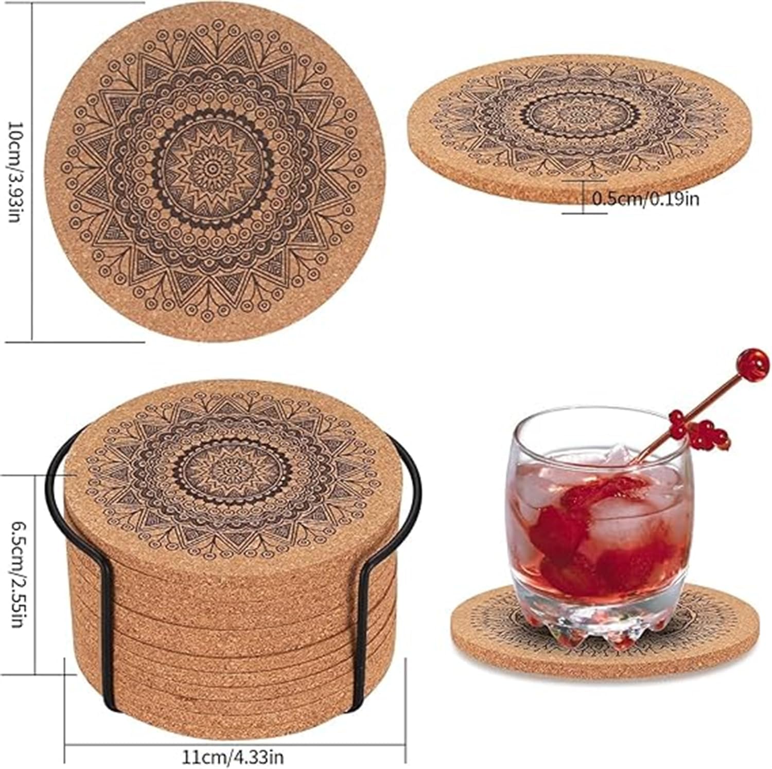 Drink Coasters, Coasters for Cups, Set of 12 with Unique Mandala Patterns Coasters, Cork Coasters, Reusable Cup Mats, for Coffee, Kitchen, home, office, Metal Holder, 10cm Diameter, 5mm Thick - Image 3