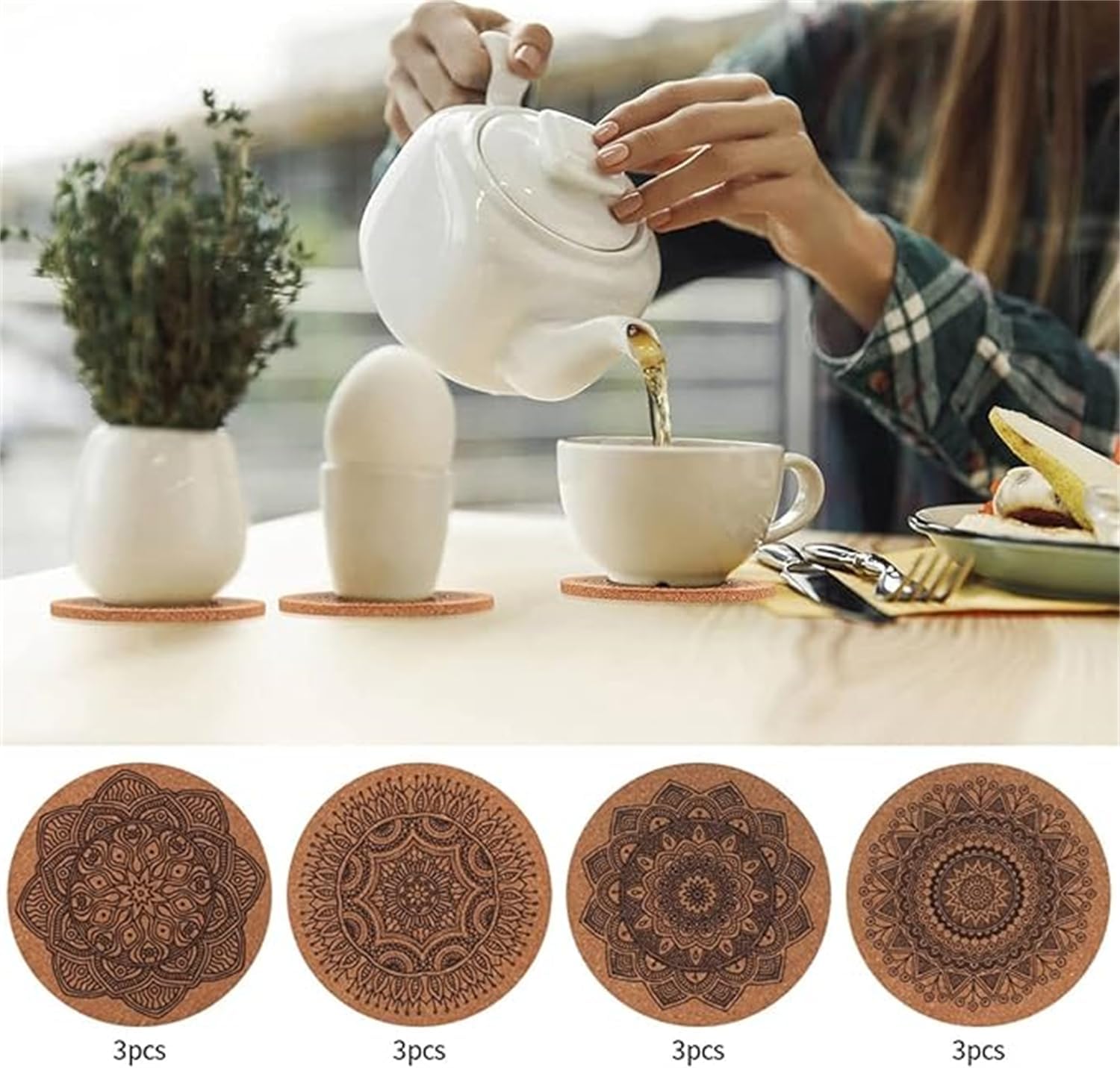Drink Coasters, Coasters for Cups, Set of 12 with Unique Mandala Patterns Coasters, Cork Coasters, Reusable Cup Mats, for Coffee, Kitchen, home, office, Metal Holder, 10cm Diameter, 5mm Thick - Image 4