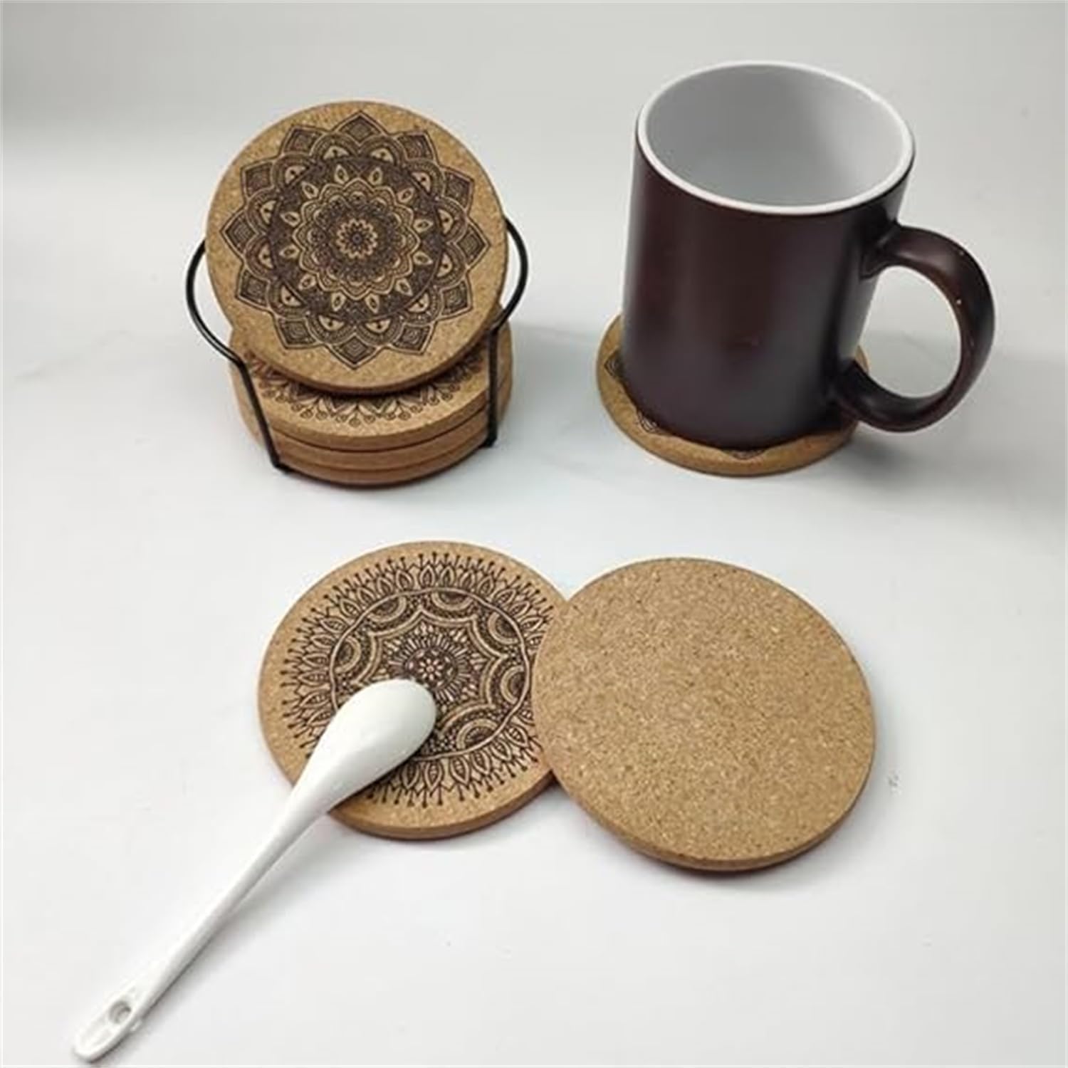 Drink Coasters, Coasters for Cups, Set of 12 with Unique Mandala Patterns Coasters, Cork Coasters, Reusable Cup Mats, for Coffee, Kitchen, home, office, Metal Holder, 10cm Diameter, 5mm Thick - Image 5