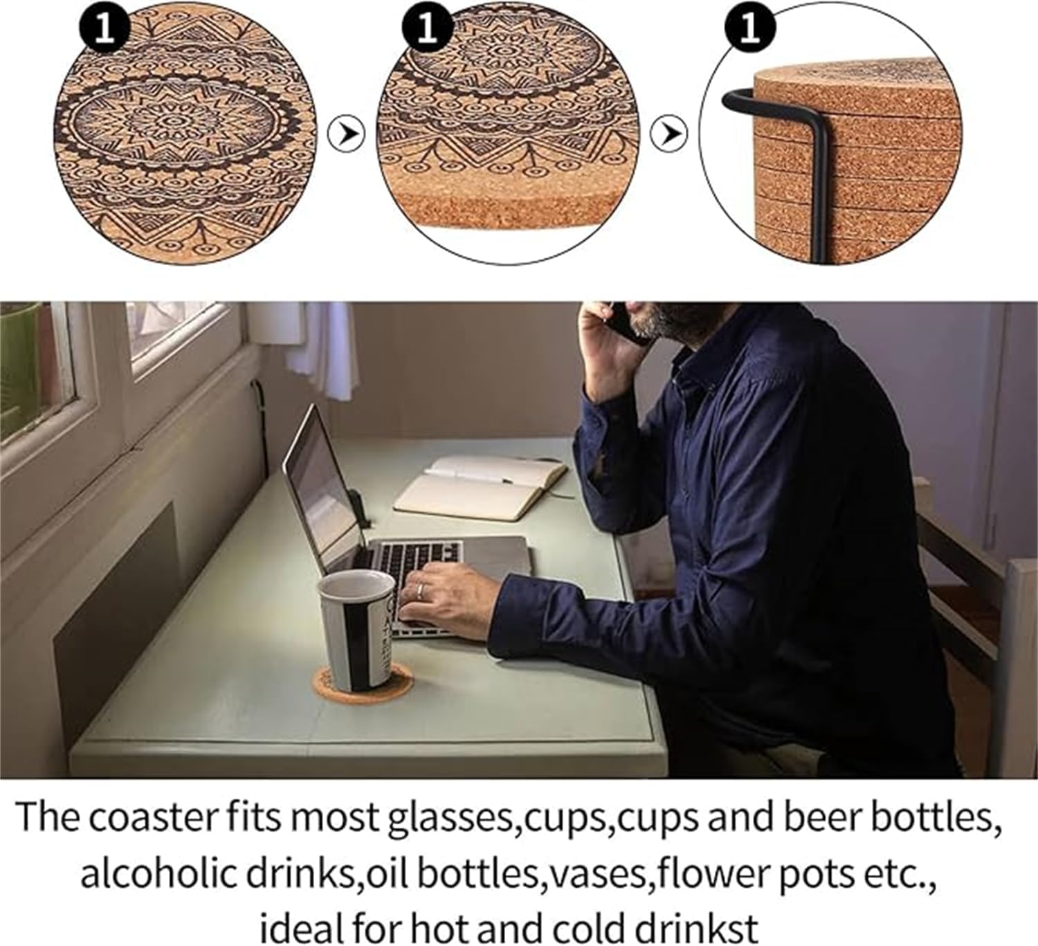 Drink Coasters, Coasters for Cups, Set of 12 with Unique Mandala Patterns Coasters, Cork Coasters, Reusable Cup Mats, for Coffee, Kitchen, home, office, Metal Holder, 10cm Diameter, 5mm Thick - Image 6