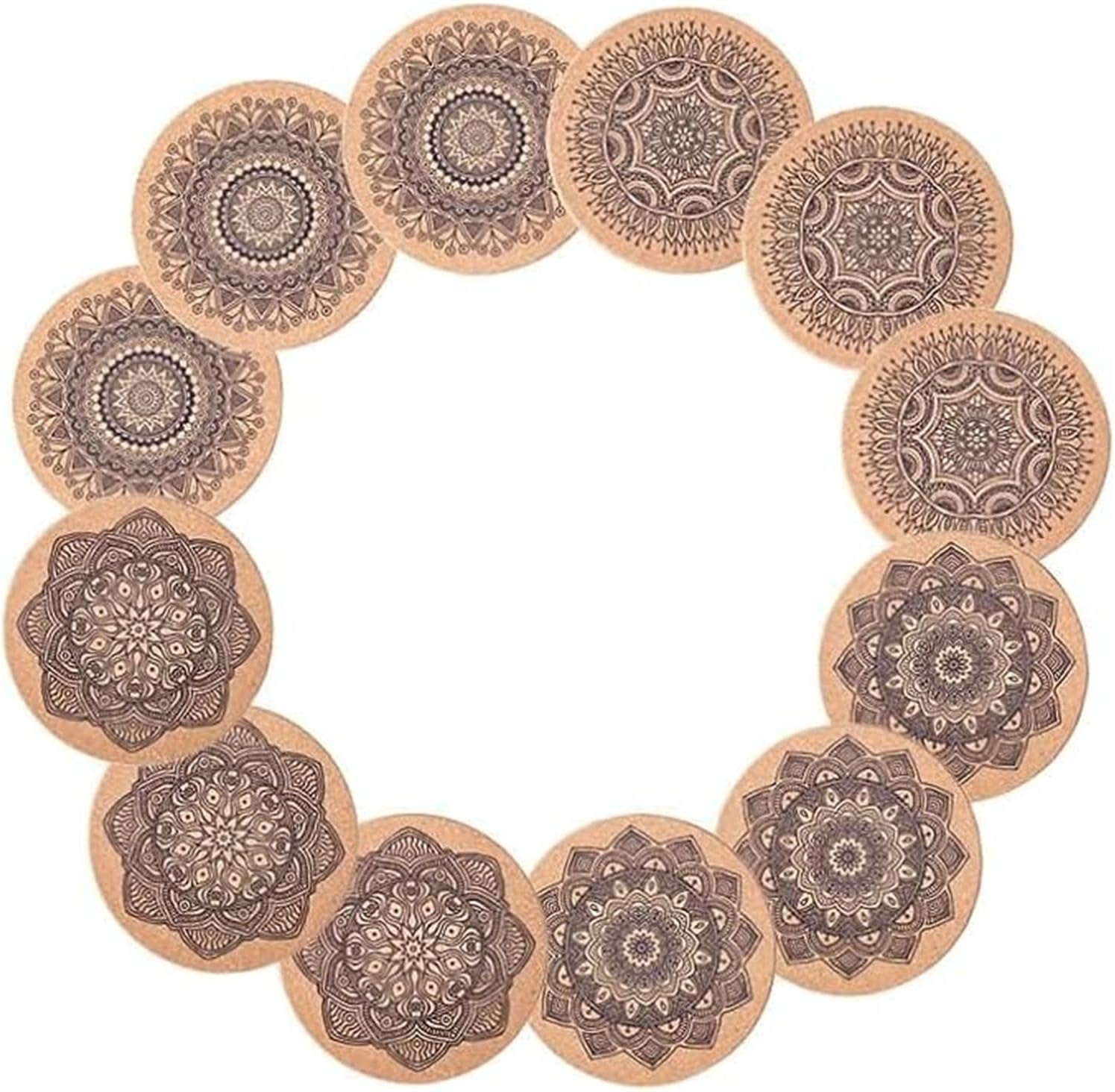 Drink Coasters, Coasters for Cups, Set of 12 with Unique Mandala Patterns Coasters, Cork Coasters, Reusable Cup Mats, for Coffee, Kitchen, home, office, Metal Holder, 10cm Diameter, 5mm Thick - Image 7
