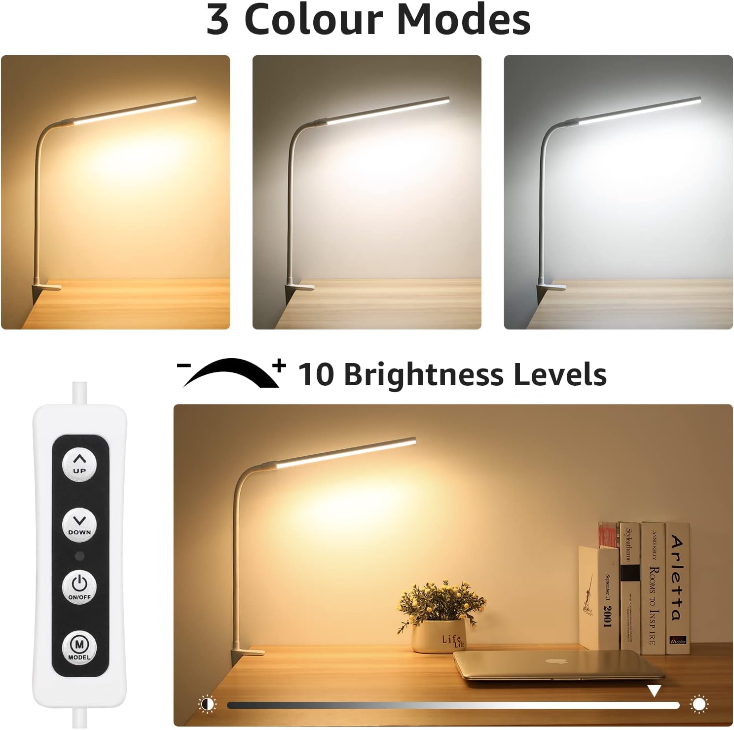 Lepro Desk Lamp Clip on Desk Lamp, Adjustable Flexible, Warm white Natural white and Cool white light, 460 lumens, 10 Brightness, Dimmable USB Clamp Lamp, reading lamp, study lamp for students, White - Image 2