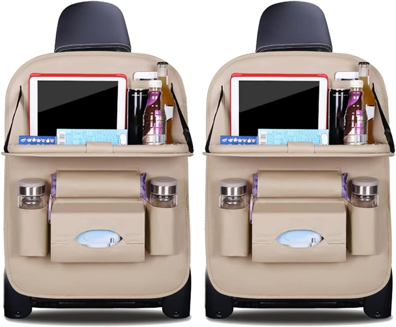 Car Backseat Organizer with latopTier,Large Multi-Pocket, PU Leather Car Seat Storage with stand, Back Seat Taplet Table for Cars, Backseat Organizer for Car with Tray (Beige)