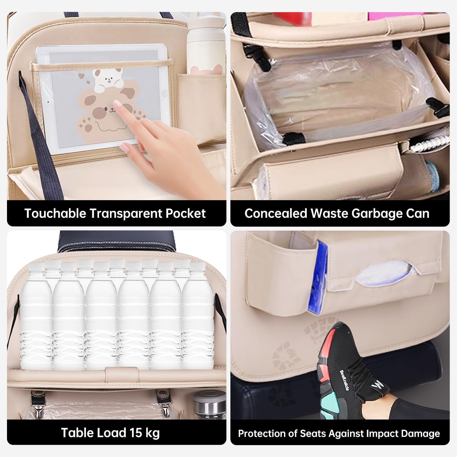 Car Backseat Organizer with latopTier,Large Multi-Pocket, PU Leather Car Seat Storage with stand, Back Seat Taplet Table for Cars, Backseat Organizer for Car with Tray (Beige) - Image 2