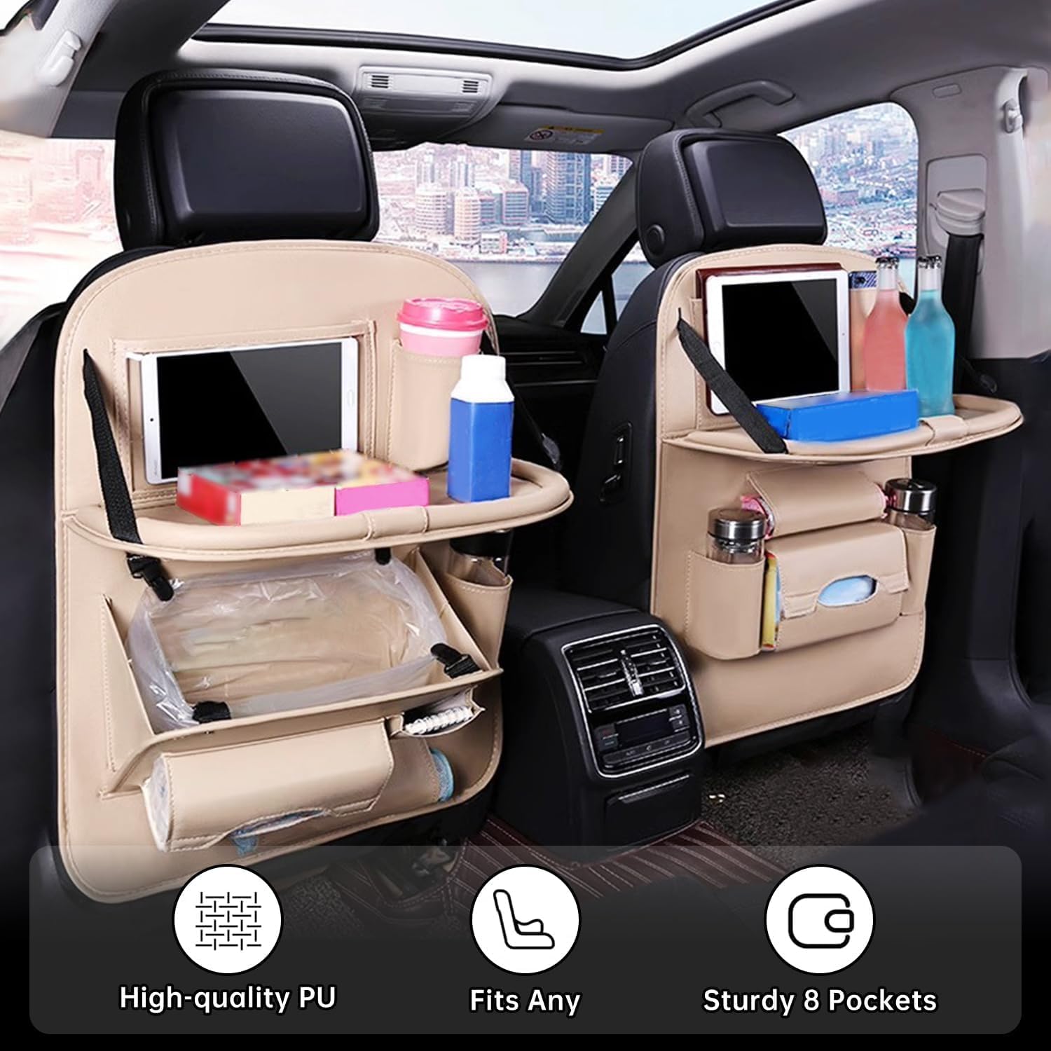 Car Backseat Organizer with latopTier,Large Multi-Pocket, PU Leather Car Seat Storage with stand, Back Seat Taplet Table for Cars, Backseat Organizer for Car with Tray (Beige) - Image 3