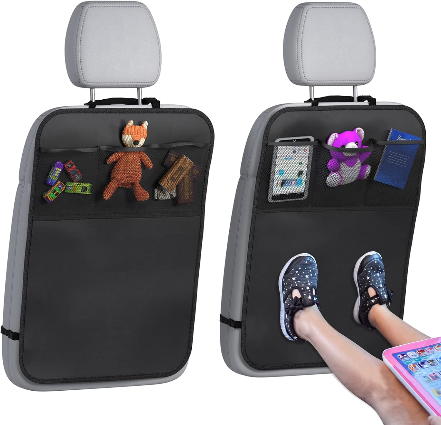 Lebogner Kick Mat Auto Seat Back Protectors + 3 Organizer Pockets, 2 Pack Waterproof Fabric Seat Cover For The Back Of Your Seat, X-Large Car Back Seat Protectors, Backseat Child Kick Guard Seat Saver