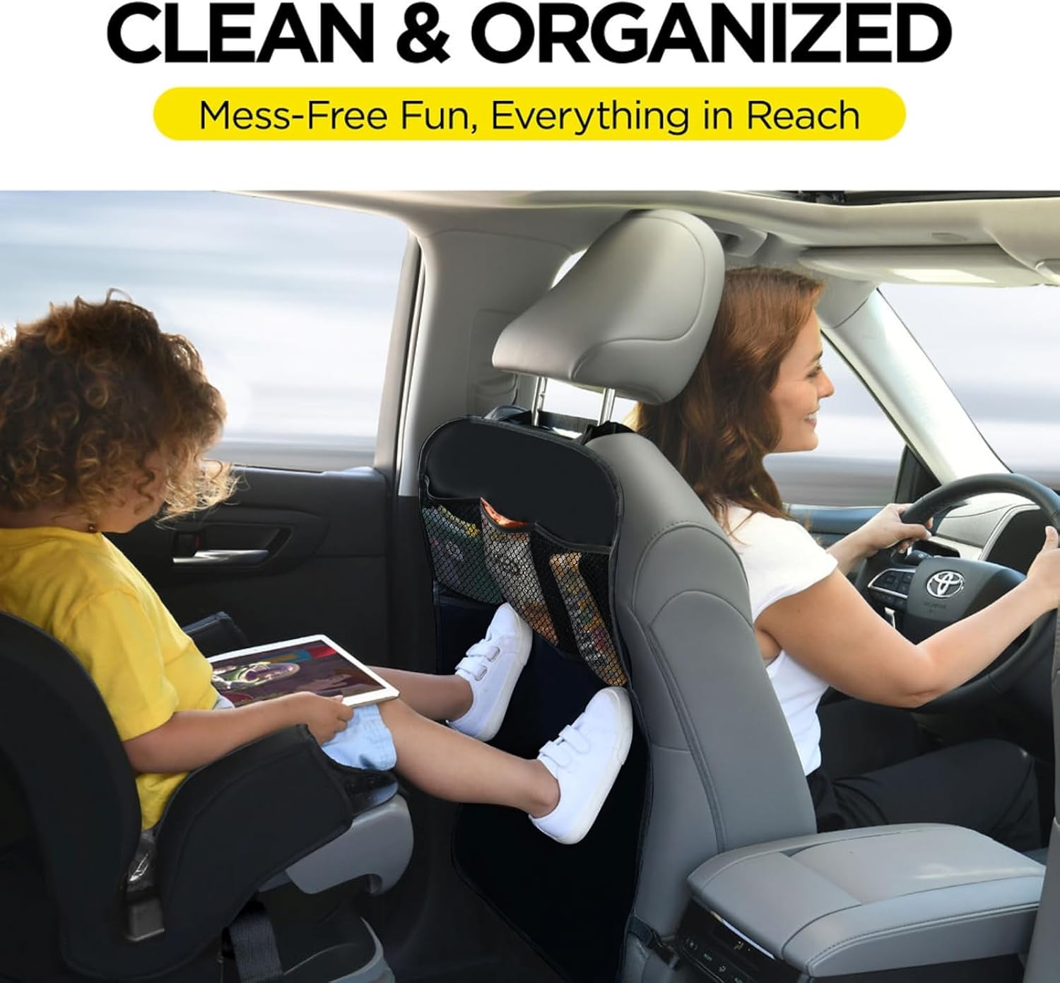 Lebogner Kick Mat Auto Seat Back Protectors + 3 Organizer Pockets, 2 Pack Waterproof Fabric Seat Cover For The Back Of Your Seat, X-Large Car Back Seat Protectors, Backseat Child Kick Guard Seat Saver - Image 4