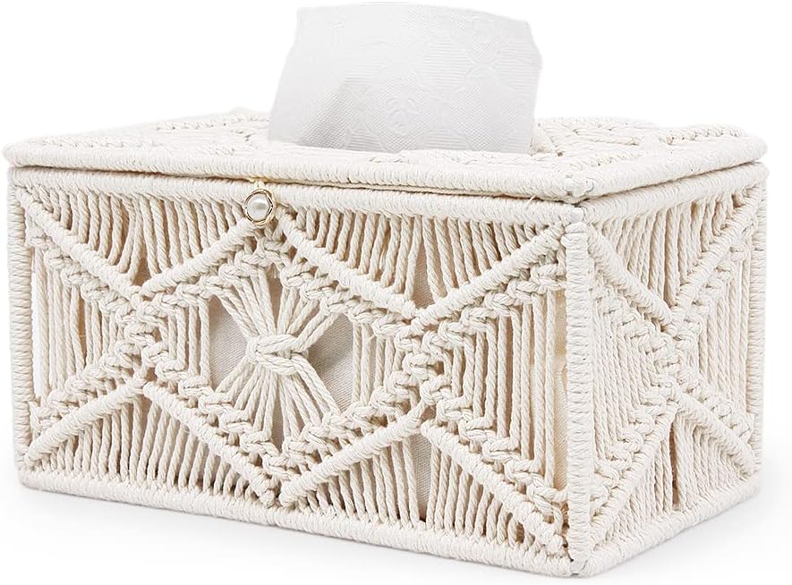 Soddeph Tissue Box Cover Rectangle, Boho Paper Tissue Holder Napkin Tissues Organizer,Boho Decor Home Decor for Bathroom Bedroom Dresser Living Room Office (Rectangle)