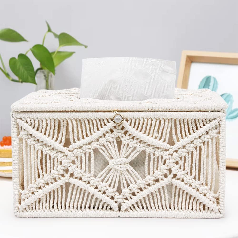 Soddeph Tissue Box Cover Rectangle, Boho Paper Tissue Holder Napkin Tissues Organizer,Boho Decor Home Decor for Bathroom Bedroom Dresser Living Room Office (Rectangle) - Image 4
