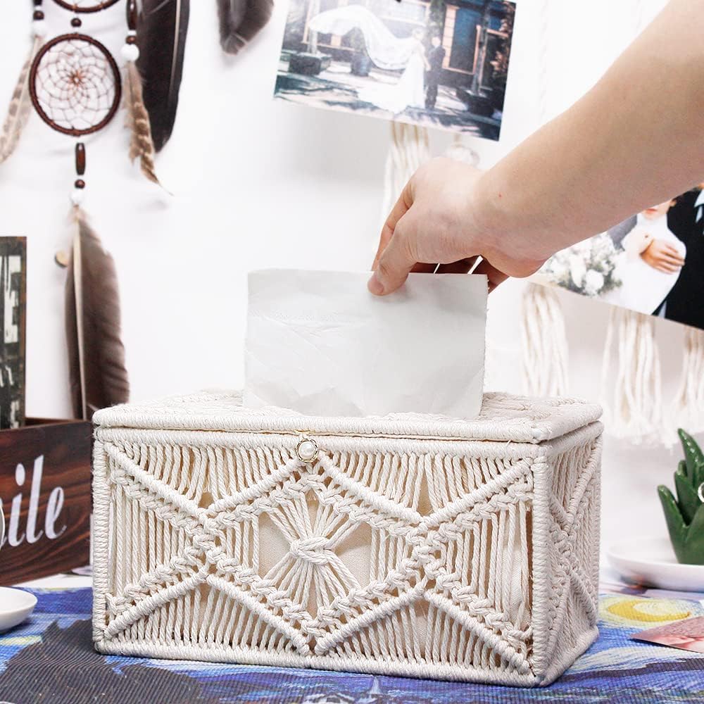 Soddeph Tissue Box Cover Rectangle, Boho Paper Tissue Holder Napkin Tissues Organizer,Boho Decor Home Decor for Bathroom Bedroom Dresser Living Room Office (Rectangle) - Image 5