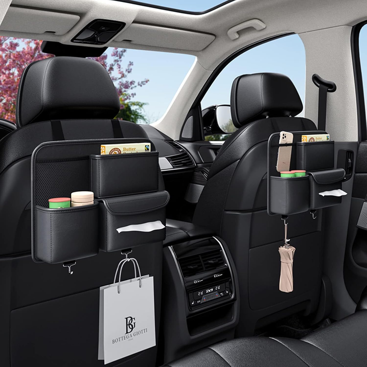 TERRIFI Leather Car Backseat Organizer - Hanging Seat Storage Bag for Snacks, Drinks, Toys, Magazines - Keeps Car Clean and Tidy - Essential Travel Accessories, Black - Image 2
