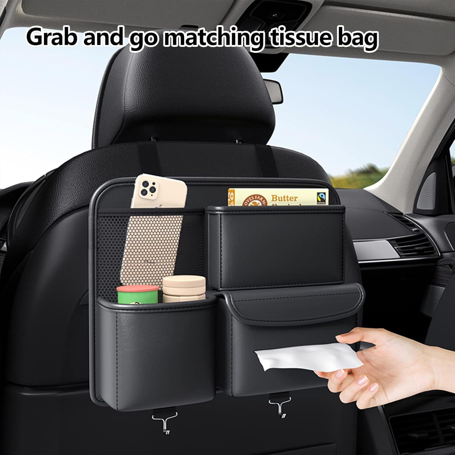 TERRIFI Leather Car Backseat Organizer - Hanging Seat Storage Bag for Snacks, Drinks, Toys, Magazines - Keeps Car Clean and Tidy - Essential Travel Accessories, Black - Image 4