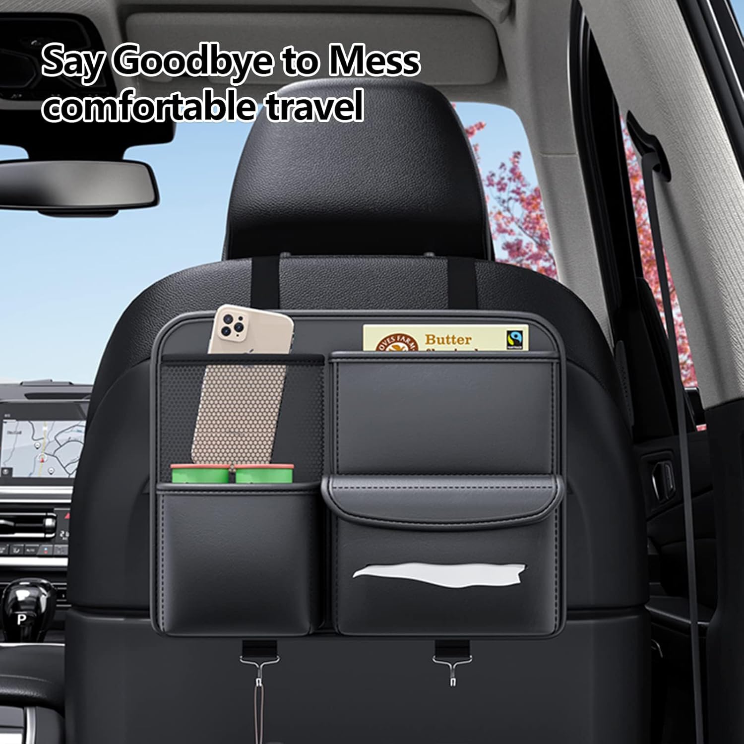 TERRIFI Leather Car Backseat Organizer - Hanging Seat Storage Bag for Snacks, Drinks, Toys, Magazines - Keeps Car Clean and Tidy - Essential Travel Accessories, Black - Image 7