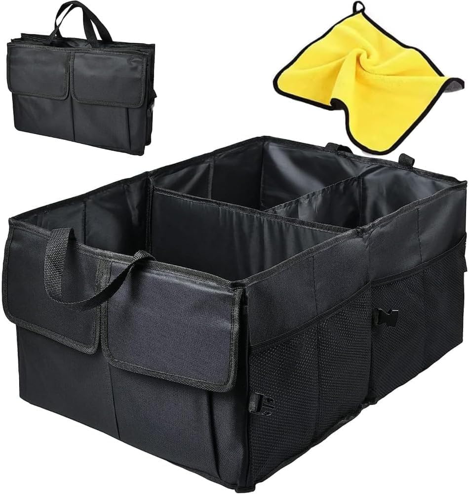 AMERTEER Car Trunk Organizer Holder - Foldable car storage organizer, Car Tidy Collapsible Multi Compartment Trunk storage organizer For Tools, car storage Box With Microfiber Car Cleaning Towel–Black